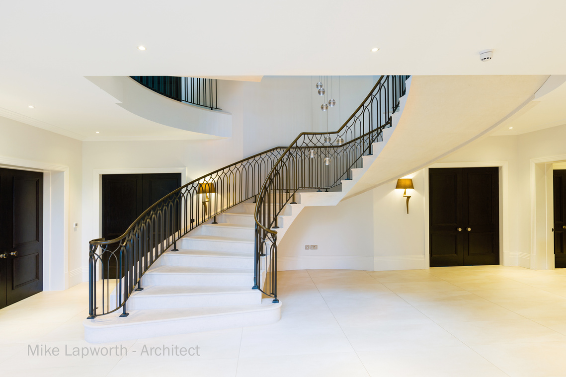 Arcitectural design by Mike Lapworth. 
New build spiral staircase interior. Photohgraphy by Sandry Studio
