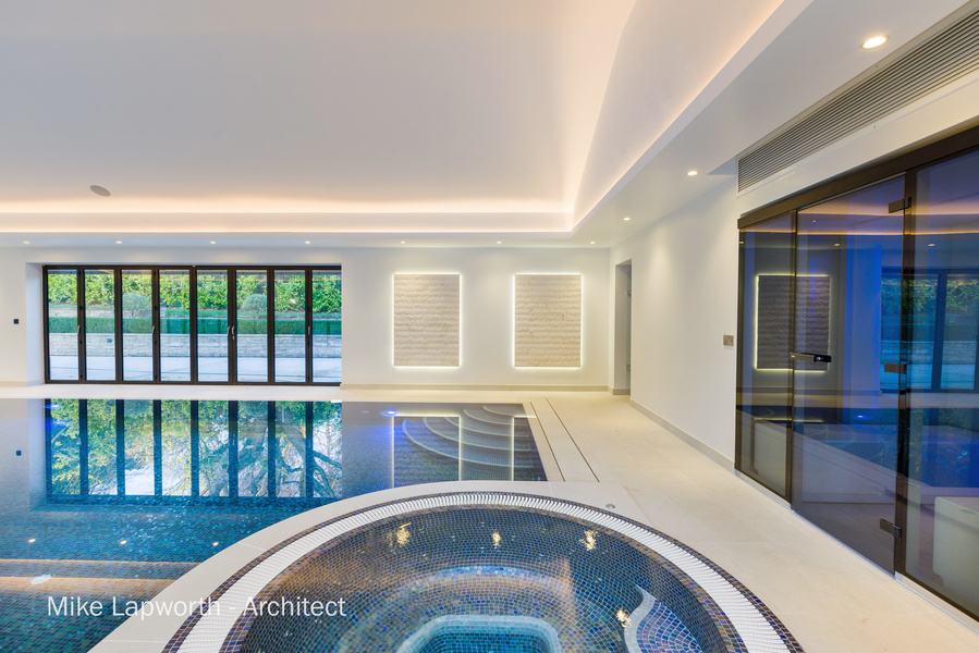 Arcitectural design by Mike Lapworth. 
New build  Photohgraphy by Sandry Studio.
Arts and crafts style. Swimming pool and sauna 