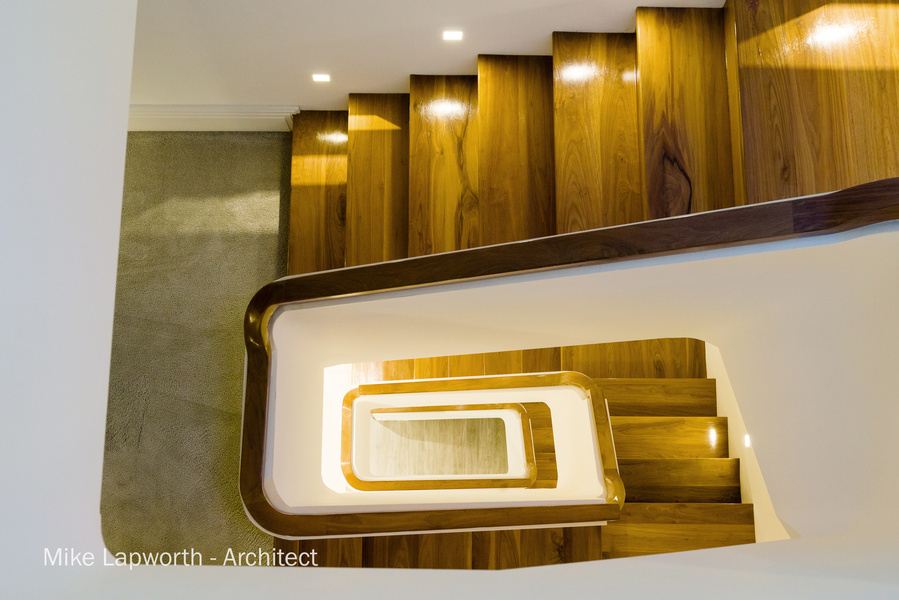 Arcitectural design by Mike Lapworth. 
New build staircase interior. Photohgraphy by Sandry Studio Timber