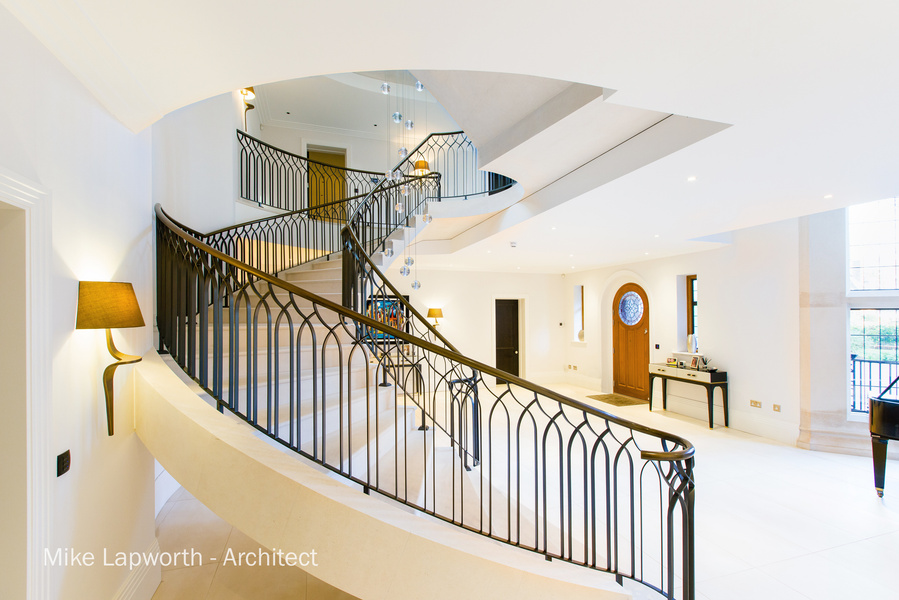 Arcitectural design by Mike Lapworth. 
New build spiral staircase interior. Photohgraphy by Sandry Studio