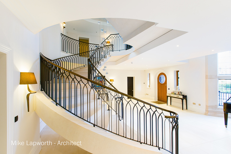 Arcitectural design by Mike Lapworth. 
New build spiral staircase interior. Photohgraphy by Sandry Studio