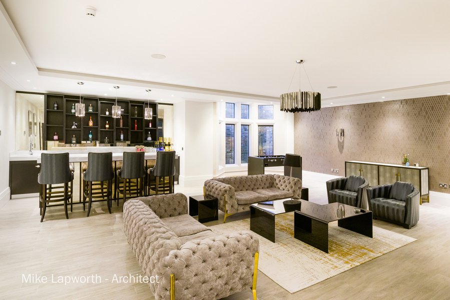 Arcitectural design by Mike Lapworth. 
New build room interior Photohgraphy by Sandry Studio. Basement bar and games area