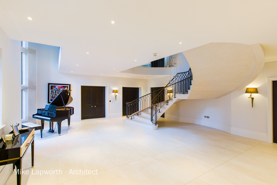 Arcitectural design by Mike Lapworth. 
New build spiral staircase interior. Photohgraphy by Sandry Studio