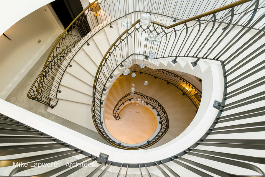 Arcitectural design by Mike Lapworth. 
New build spiral staircase interior. Photohgraphy by Sandry Studio