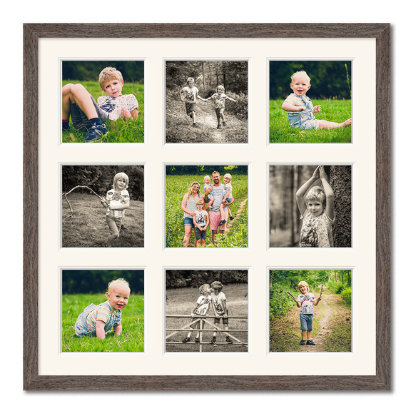 Black and White Family portrait taken outside by Sandry Studio - professional photographers. Relaxed and informal. Multi frame sample. Square.