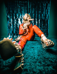 trippy psychedelic hypnosis kaa the snake photography red cat suit black spandex bondage fetish red wig blue shag carpet surreal art photo zandervision zander fieschko