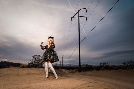 Selkie midi dress with victorian renaissance wig Marie Antoinette in the desert with a Joshua Tree power line dirt road sony alpha photography zander fieschko zandervision
