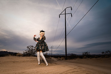 Selkie midi dress with victorian renaissance wig Marie Antoinette in the desert with a Joshua Tree power line dirt road sony alpha photography zander fieschko zandervision