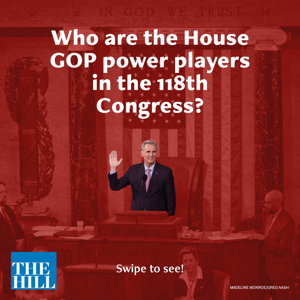 Photo illustration for Instagram with blue Hill logo at the bottom. Kevin McCarthy, center, raising his hand in low-opacity Speaker’s chair and surrounding House environment over a textured red background. 