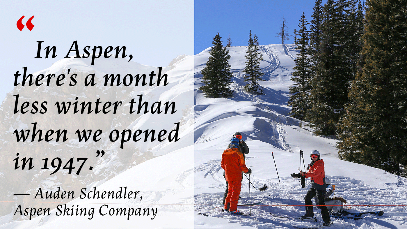 Left-sided pull quote on transparent white text box over photo of people in orange preparing to ski. The quote starts with a red ", reading, "In Aspen, there's a month less winter than when we opened in 1947" attributed to Auden Schendler.
