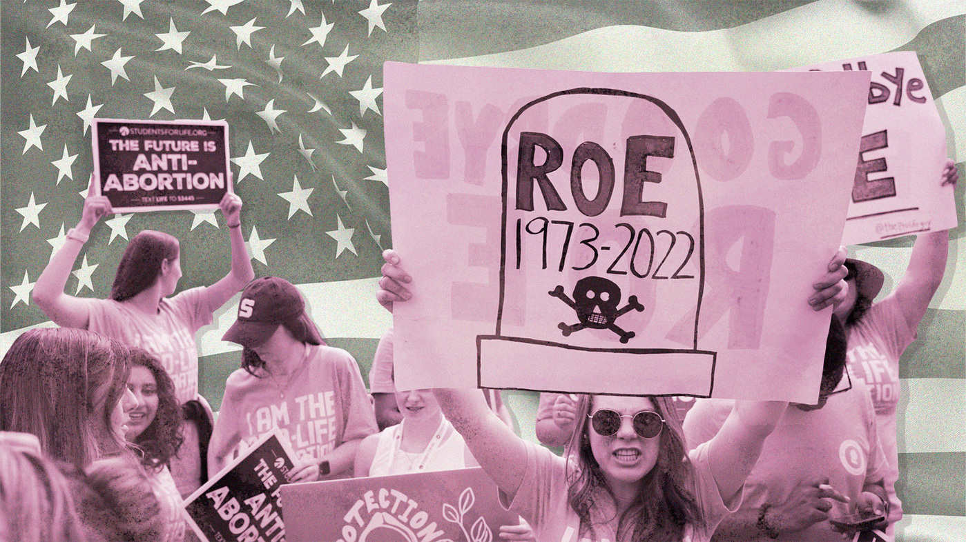 Photo illustration of anti-abortion supporters, cut out and in pink, celebrating over a beige, washed-out American flag. One supporter holds a sign with a skull and crossbones that reads, “ROE 1973-2022” written within a headstone.