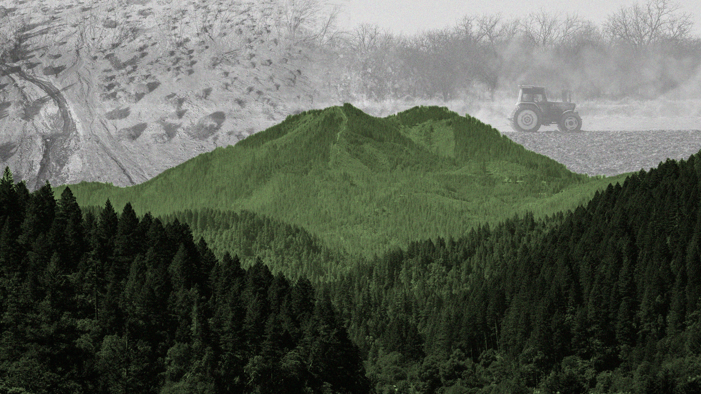 Photo illustration of California forest and mountains, center, green-toned with grayscaled/faded photos of land in drought (left) and a farmer irrigating a field in a tractor (left). 