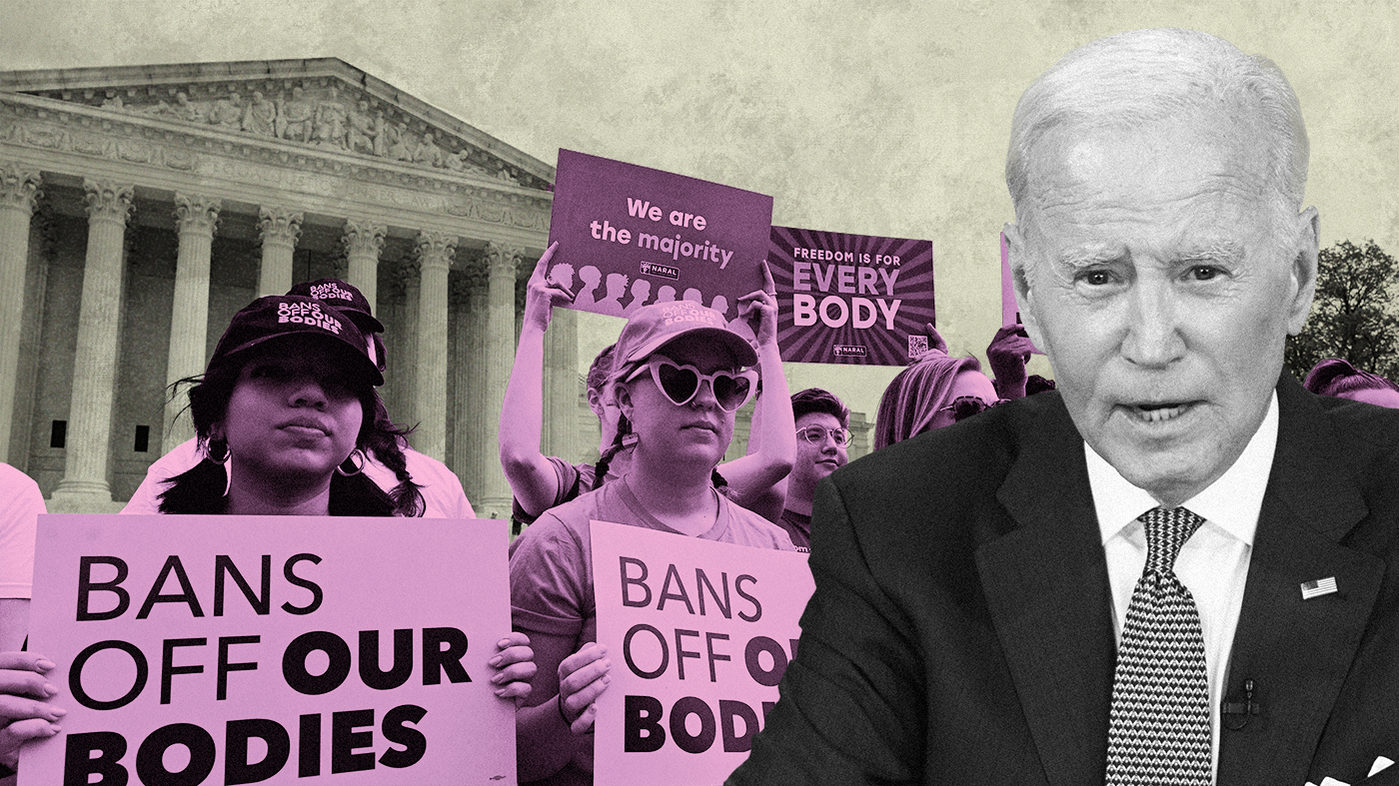 Photo illustration of abortion rights supporters, cutout in light pink, holding signs reading "BANS OFF OUR BODIES" and "We are the majority" in front of a beige and textured background of thee Supreme Court. President Biden is on the right side