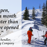 Left-sided pull quote on transparent white text box over photo of people in orange preparing to ski. The quote starts with a red ", reading, "In Aspen, there's a month less winter than when we opened in 1947" attributed to Auden Schendler.