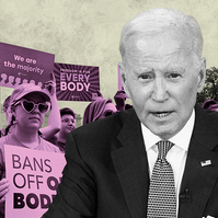 Photo illustration of abortion rights supporters, cutout in light pink, holding signs reading "BANS OFF OUR BODIES" and "We are the majority" in front of a beige and textured background of thee Supreme Court. President Biden is on the right side