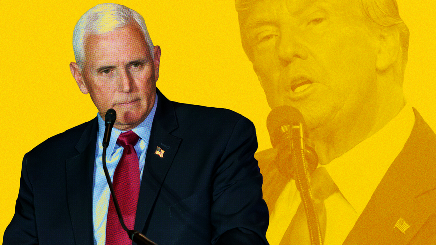 Photo illustration of halftone textured Mike Pence on a yellow background with a faded, orange-toned close-up of Donald Trump (corner right) behind him.  