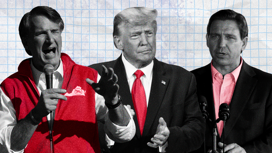 Photo illustration of Glenn Youngkin, Donald Trump and Ron DeSantis, all in black and white with red accents, on a textured background of graphing paper.  