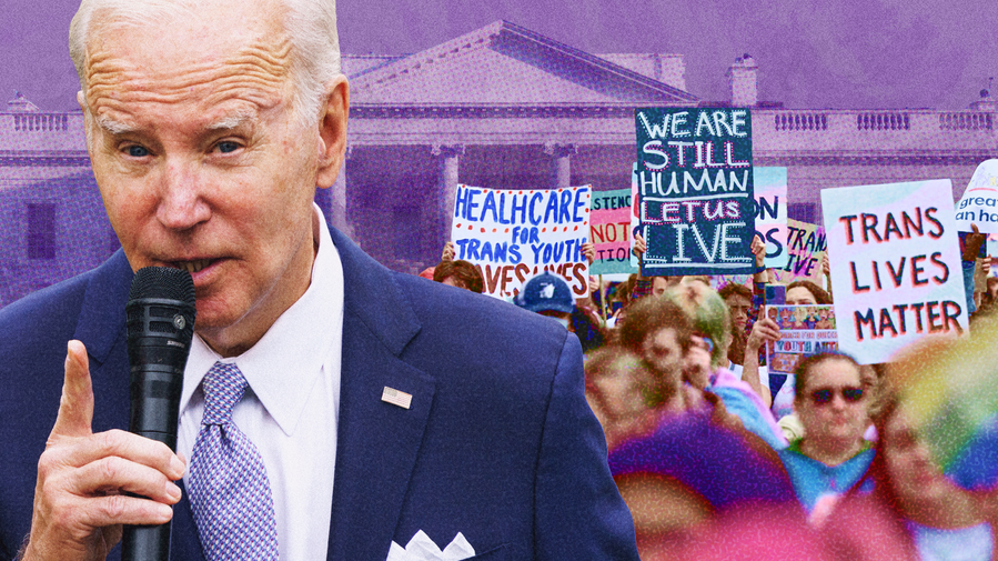 Photo illustration of Joe Biden, left, in front of a cutout of a color-saturated crowd of people supporting trans rights, with signs reading “HEALTHCARE FOR TRANS YOUTH SAVES LIVES,” ‘WE ARE STILL HUMAN LET US LIVE,” and “TRANS LIVES MATTER.” Purple bg