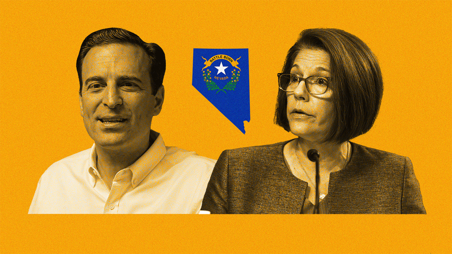 Photo illustration of Adam Laxalt and Catherine Cortez Masto on a gold background with noise, with a small outline of Nevada 
