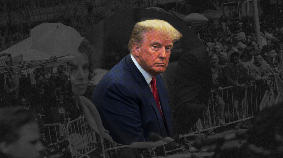 Photo illustration of Donald Trump (in color with a halftone texture) and legal team (grayscaled) inside a circle, center, with a grayscaled photo of onlookers and the media in the background. 