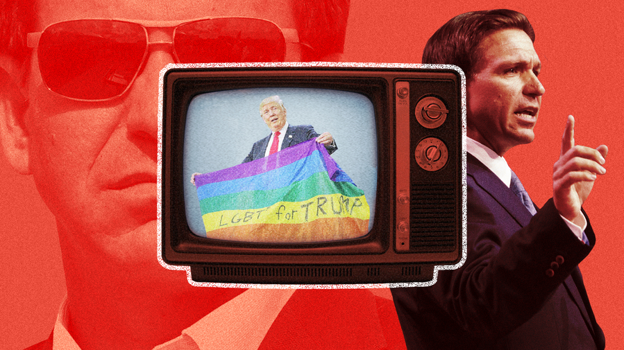 Photo illustration of Ron DeSantis, pictured far right (close up and red-toned wearing sunglasses, semi-transparent) and far left (gesturing, in color, semi-transparent) with an illustration of a old TV and Trump (inside TV, blue-toned) holding LGBTQ flag