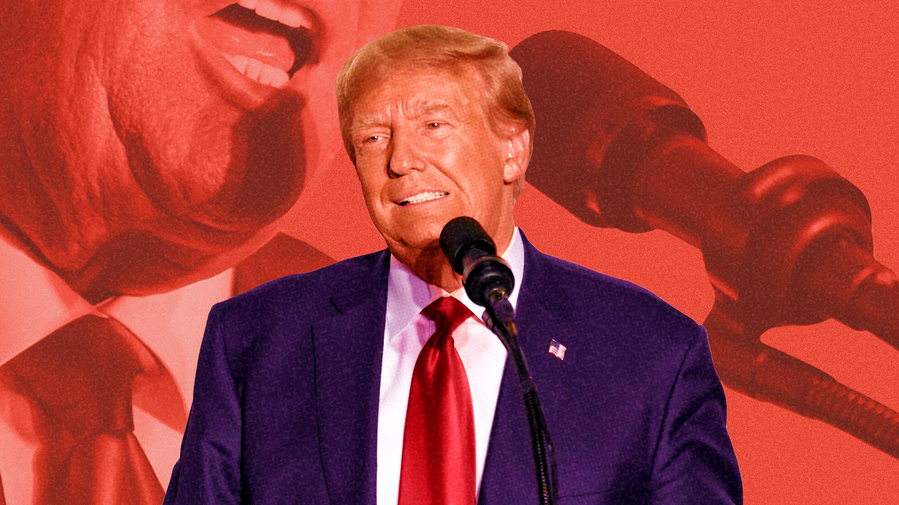 Photo illustration of Donald Trump, center, colored and red-toned, with a close-up of him speaking into a microphone overlaying a textured red background.  