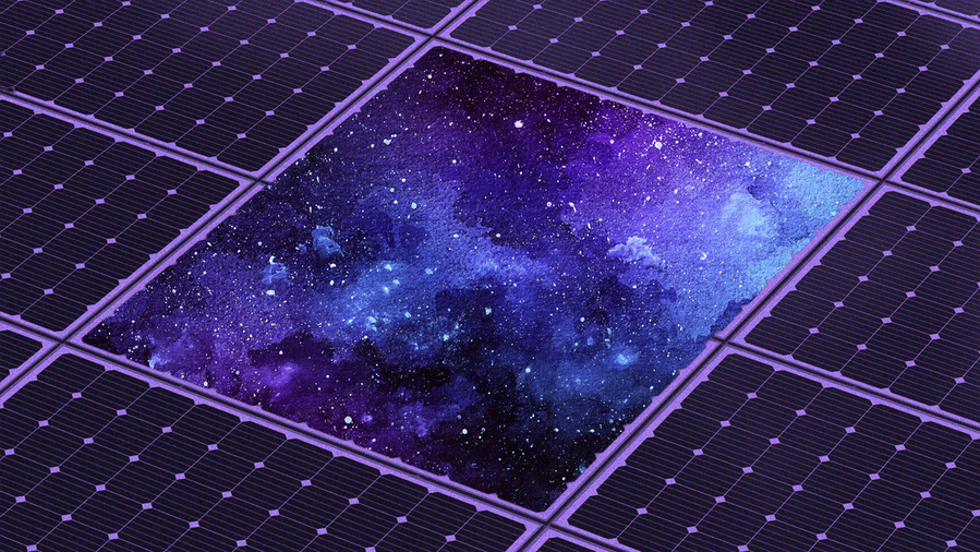 Photo illustration of space surrounded by purple-toned solar panels. 