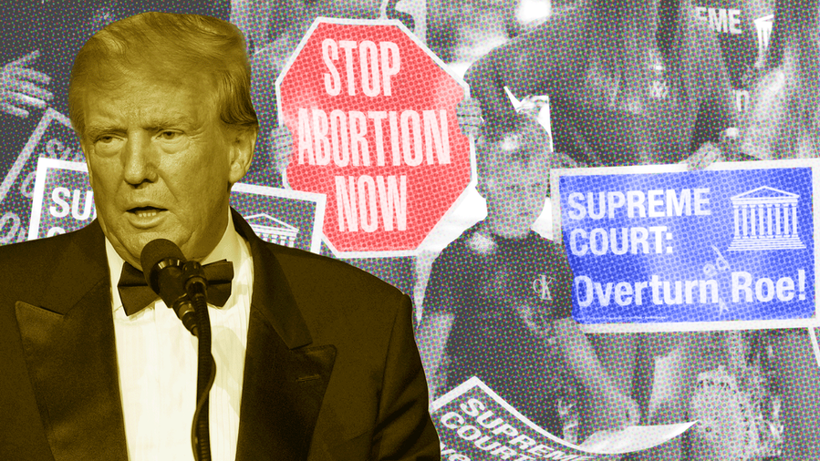 Photo illustration of a yellow-toned Donald Trump on a black-and-white halftone background of anti-abortion protestors with red and blue signs reading “Stop abortion now” and “Supreme Court: Overturn Roe”