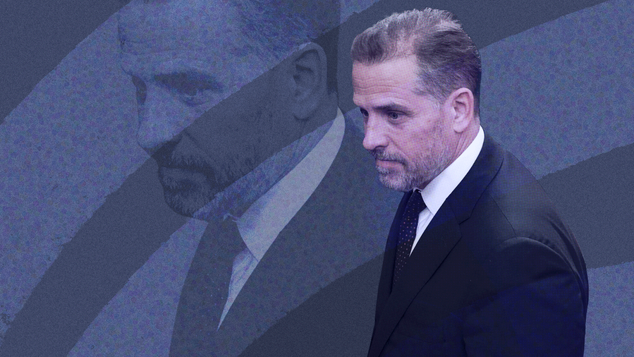 Photo illustration of a purple-toned Hunter Biden on a blue-gray textured/speckled background with lighter color arches, low-opacity Hunter Biden
