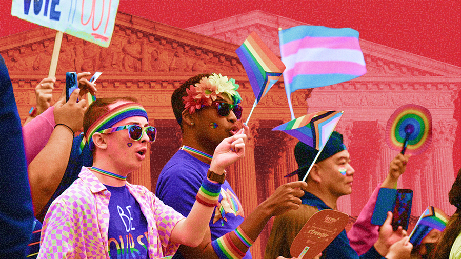 Photo illustration of color-saturated LGBTQ rights supporters in front of two versions of the Supreme Court - one orange-red toned and one light-red toned on a textured red background.