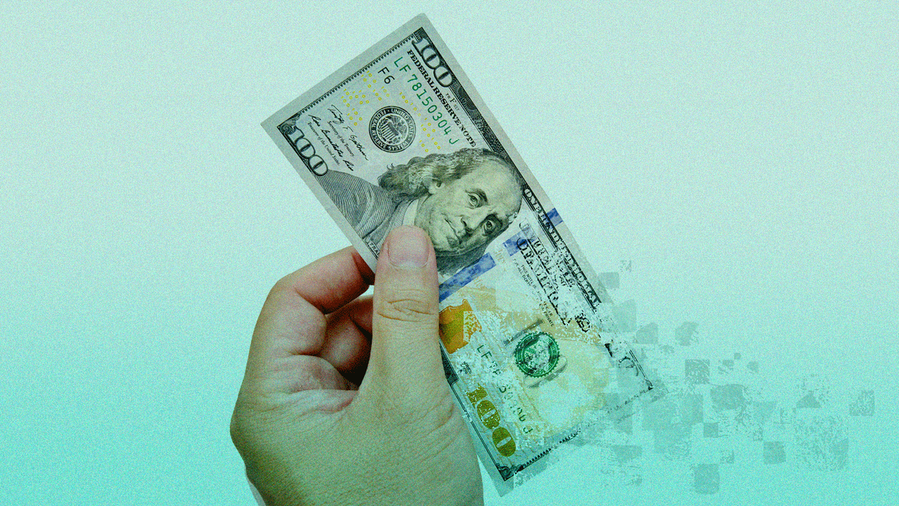Mint-toned photo illustration of a hand holding $100 bill that is fading 