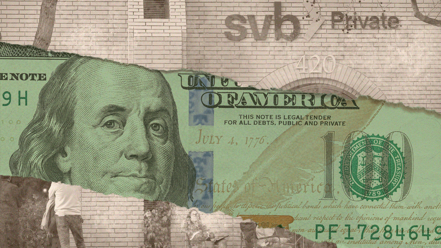 Photo illustration of customers outside of a Silicon Valley Bank location, sepia-toned, with a close-up of a torn, green-toned $100 bill stretching across the middle of the image.  
