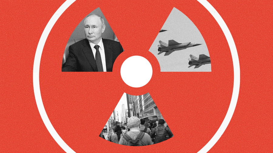 White nuclear symbol on a textured light red background; inside the symbol, photos of Russian president Vladimir Putin, planes and a crowd