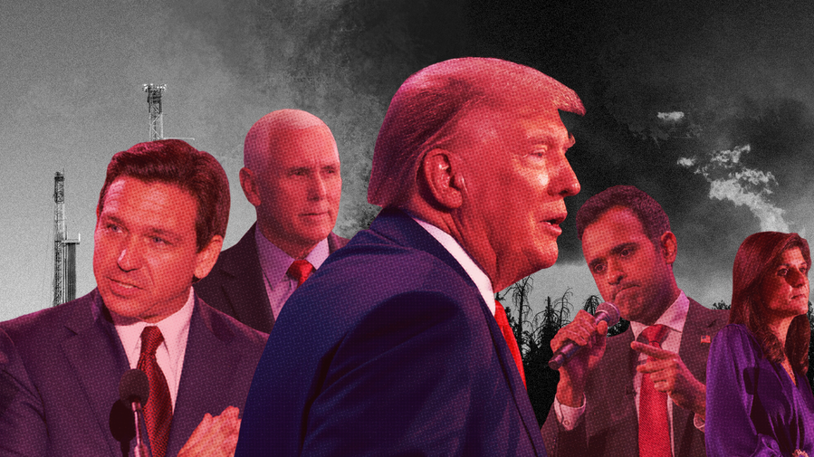 Photo illustration of a red-toned and colored Trump, center and in profile, with red-toned and colored Ron DeSantis (left), Mike Pence (center left), Vivek Ramaswamy (right, center) and Nikki Haley (right). Background is oil rig/smoke in black/white