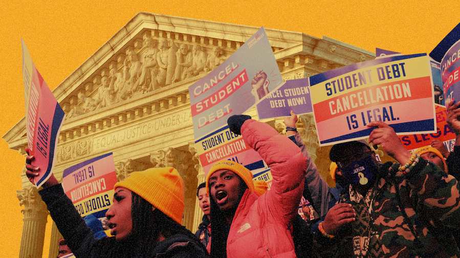 Illustration of people protesting in favor of student loan cancellation in front of the S. Court, with some wearing orange-yellow hats from the NAACP. People in the crowd hold multicolored signs, with most reading “STUDENT DEBT CANCELLATION IS LEGAL”