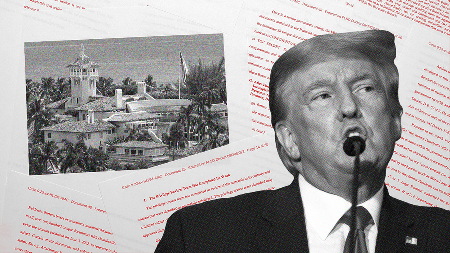 Photo illustration of a black-and-white halftone dotted Donald Trump on the lefthand side with red-text photo of documents, black-and-white textured photo of Mar-a-Lago