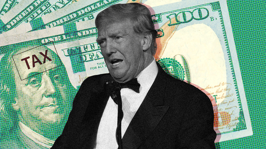 Photo illustration of a gritty black-and-white Donald Trump over a dotted green background with 100 dollar bills stamped with "TAX" 