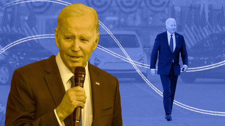 Photo illustration of Joe Biden, yellow-toned in a halftone texture, over a light blue, semi-transparent photo of Biden (cutout, in dark blue) visiting an electric vehicle plant, with cars in the background. Two wavy white lines intersect behind Biden cut