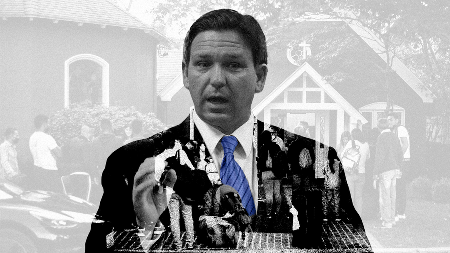 Black-and-white photo illustration of Ron DeSantis w/ a blue tie overlaying a desaturated photo of immigrants at Martha's Vineyard. 