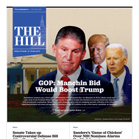 "GOP: Manchin Bid Would Boost Trump." Photo illustration of Joe Manchin, center, over White House with smaller photos of Trump and Biden on his left side. Both Manchin and Biden are penciled in, fading into the background. Beige background with color pops