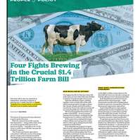 Print page titled "Four Fights Brewing in the Crucial $1.4 Trillion Farm Bill" with photo illustration of a semi-transparent cow on a pastoral background superimposed on a collection of blue-toned US dollar bills.