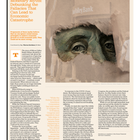 Print page titled "Monetary Myths:
Debunking the Fallacies That Can Lead to Economic Catastrophe" with tan photo illustration of a semi-transparent close-up of a US-dollar-styled, torn out Benjamin Franklin over a photo of people waiting in line at SVB