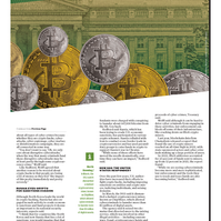 Photo illustration of gold, silver, and copper Bitcoins over an inked rendering of the U.S. Treasury department from a dollar bill, with a green and beige gradient.  Continues from previous image.