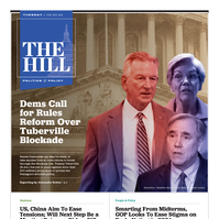 "Dems Call for Rules Reform Over Tuberville Blockade" in large white text. Photo illustration for cover story is close-ups of Tommy Tuberville (center right, in red), Elizabeth Warren and Jeff Merkley (bottom right) in red/blue tones