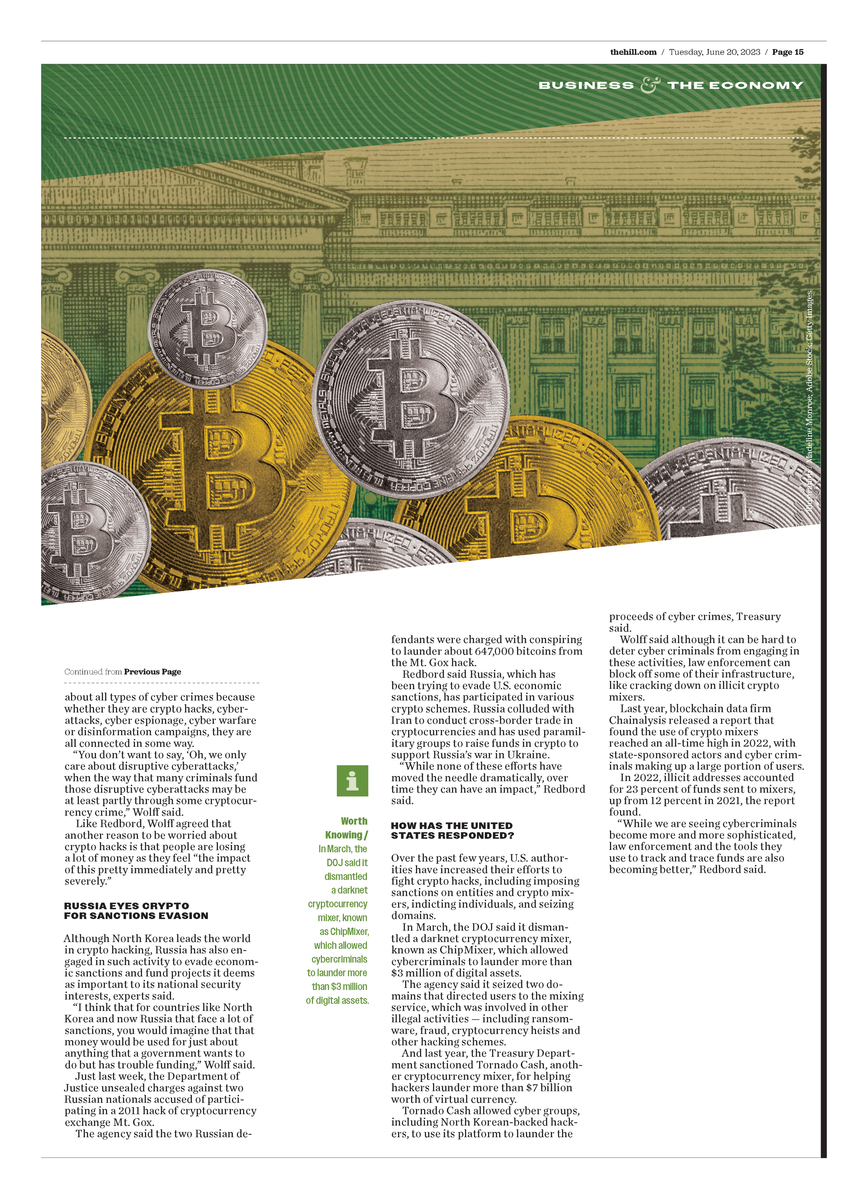 Photo illustration of gold, silver, and copper Bitcoins over an inked rendering of the U.S. Treasury department from a dollar bill, with a green and beige gradient.  Continues from previous image.