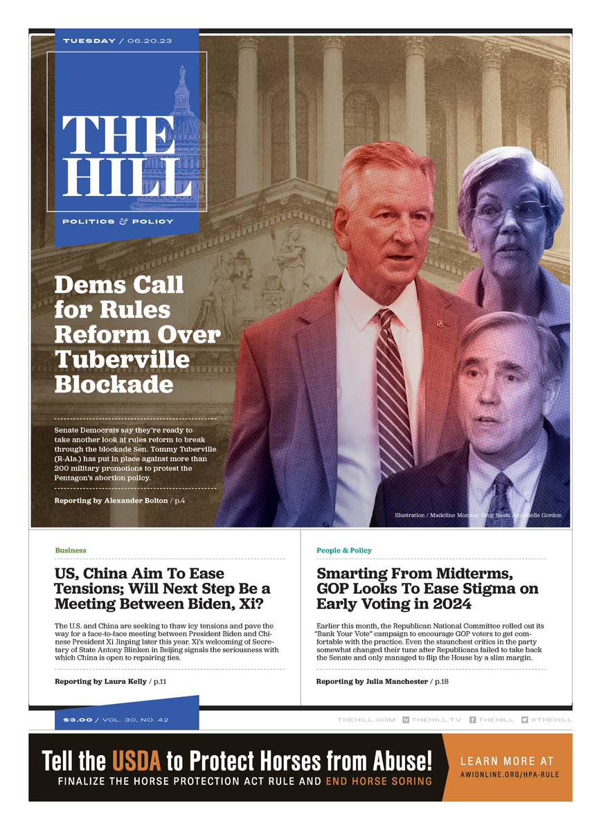 "Dems Call for Rules Reform Over Tuberville Blockade" in large white text. Photo illustration for cover story is close-ups of Tommy Tuberville (center right, in red), Elizabeth Warren and Jeff Merkley (bottom right) in red/blue tones