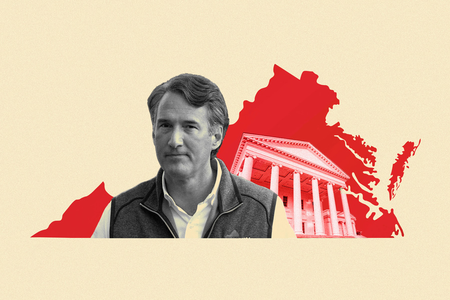 Photo illustration of a grainy, beige-toned Glen Youngkin is placed above a red Virginia state background and capitol