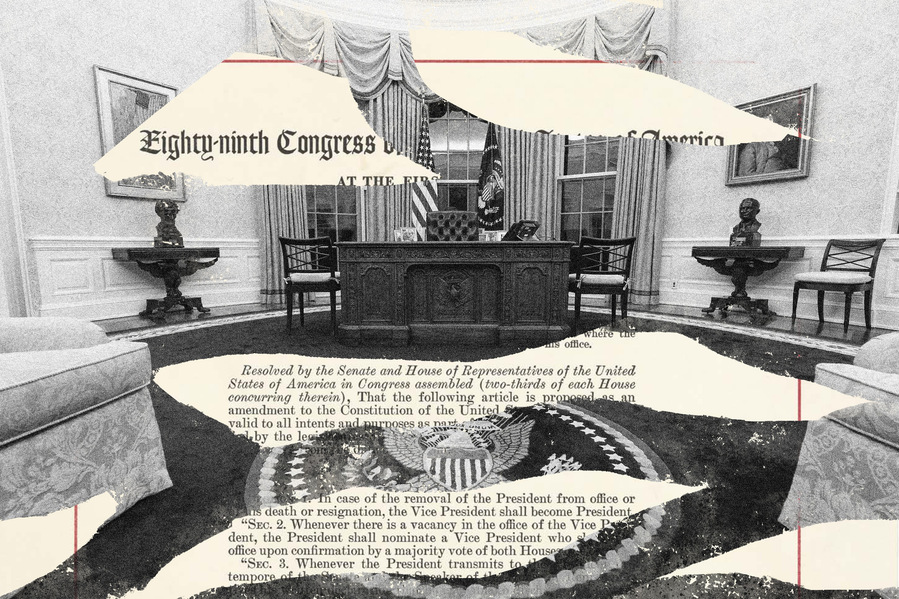  A photo illustration of a grainy, black-and-white photo of the Oval Office with beige paper tears
