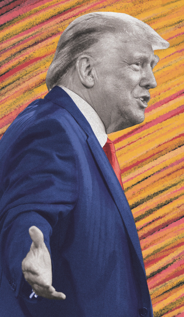 Vertical illustration of Donald Trump, gesturing with arms outstretched and facing right, is seen in black/white with a penciled-in and colored blue suit and red tie. Behind him are blended diagonal pencil marks of varying hues of orange/red/yellow/black