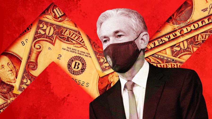 Photo illustration of Jerome Powell on a red-textured background cut in the middle by an underlaying pattern of money
